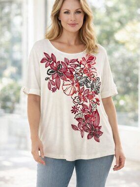 Koret Ivory and Burgundy Floral Short Sleeve Tee